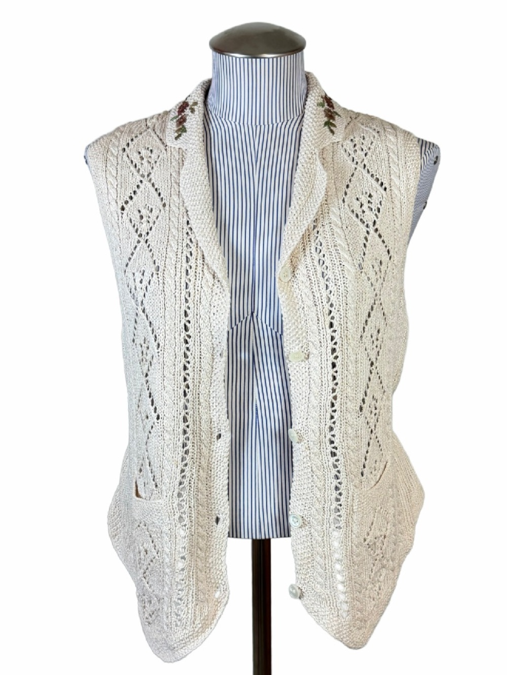 Vintage 90s Ralph Lauren Hand Knit Vest Linen Cotton PS Embroidered Cottagecore - Picture 4 of 13
